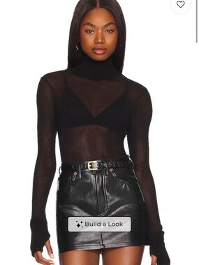 Enza Costa Black Sheer Ribbed Turtleneck Long Sleeve Top
